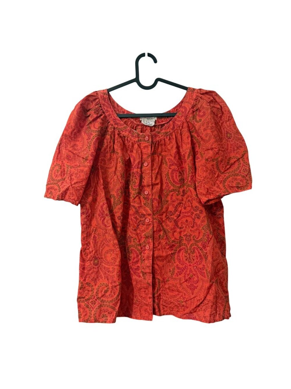 J. Tiktiner France Red Floral Short Sleeve Peasant Blouse Womens Size 8